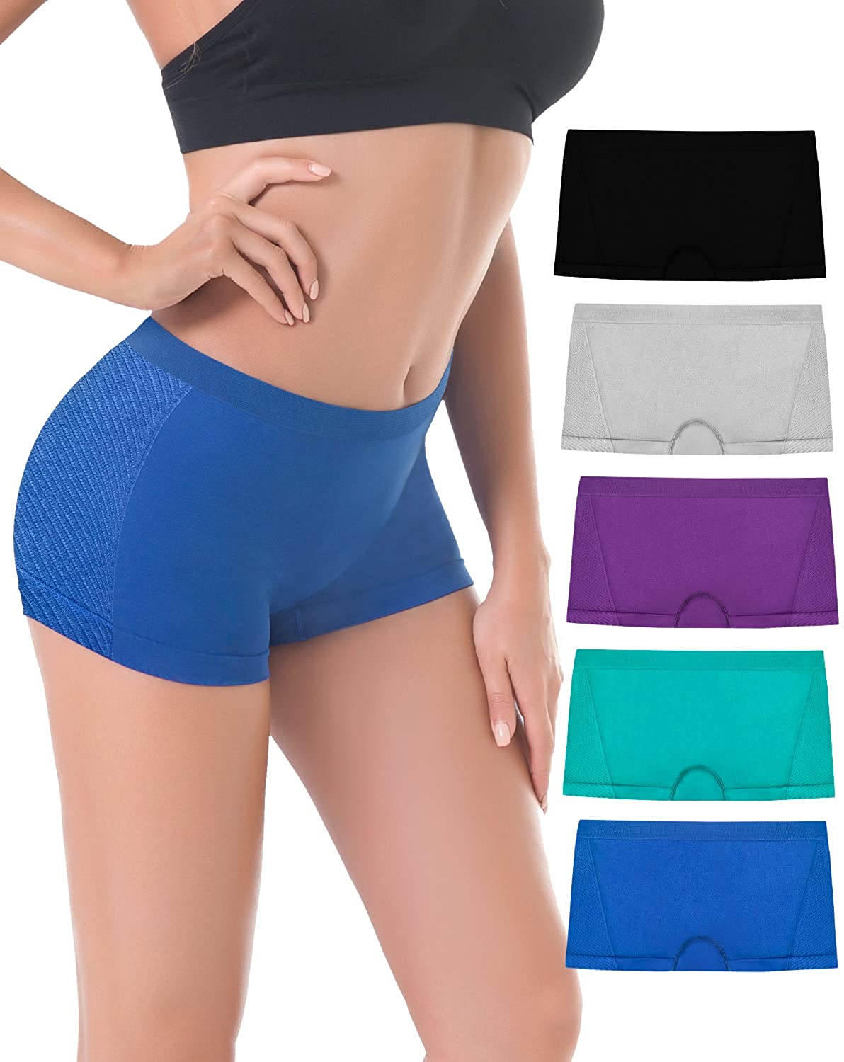 R RUXIA Women's Boyshort Panties Seamless Nylon Underwear Stretch Boxer Briefs 5 Pack