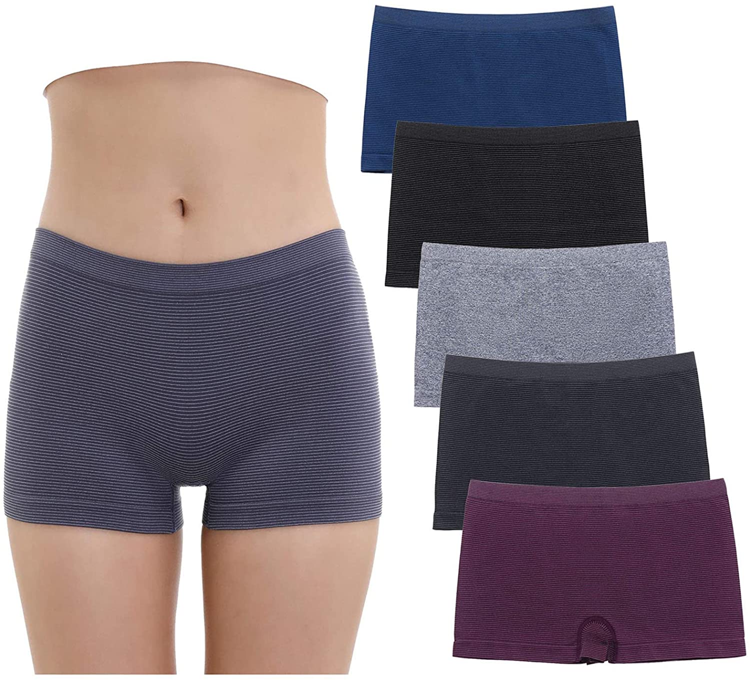 Ruxia Women's Seamless Boyshort Panties Nylon Spandex Underwear Stretch Boxer Briefs Pack of 5