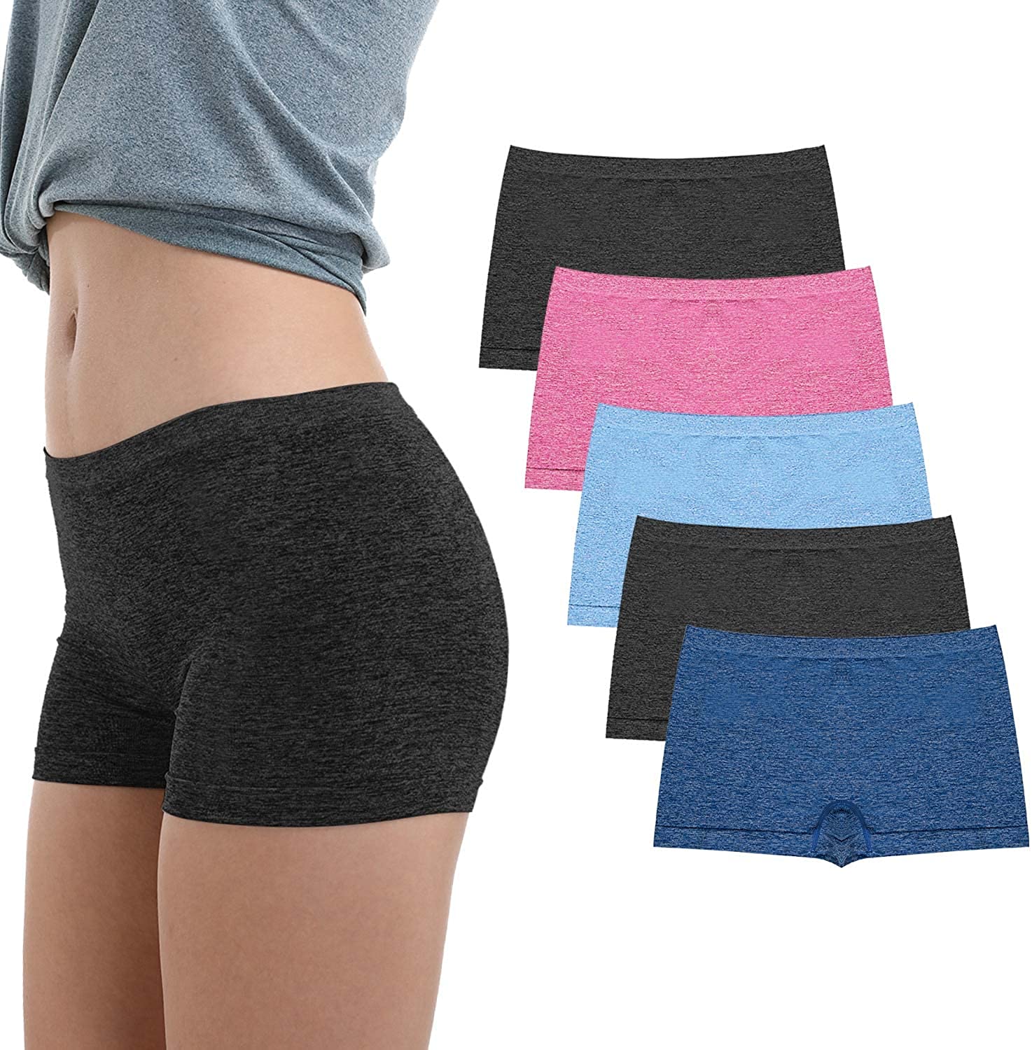 Ruxia Women's Seamless Boyshort Panties Nylon Spandex Underwear Stretch Boxer Briefs Pack of 5