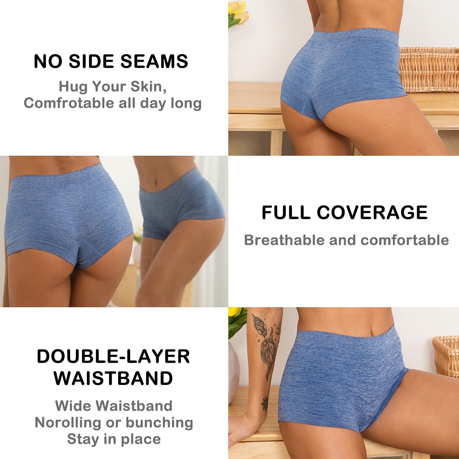 Ruxia Women's Seamless Boyshort Panties Nylon Spandex Underwear Stretch Boxer Briefs Pack of 5